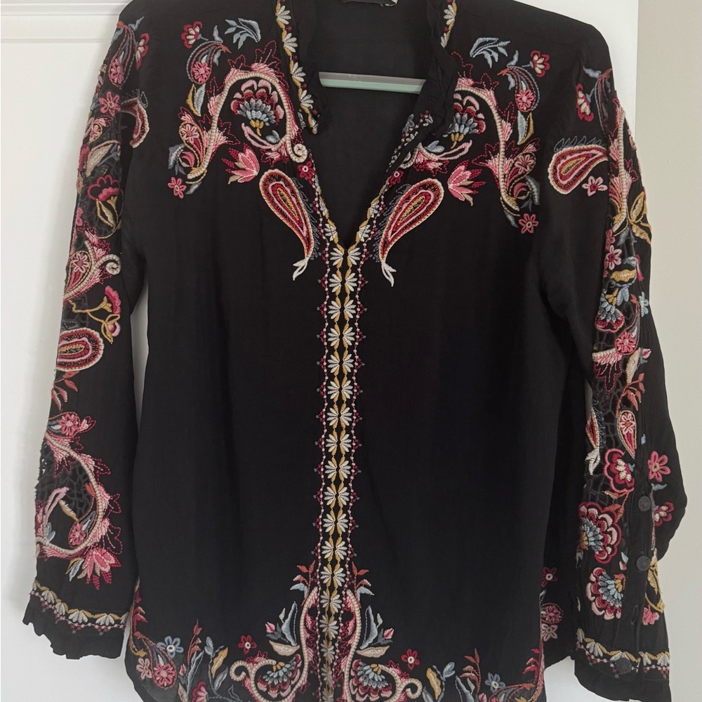 Johnny Was Black Top with Colorful Embroidery